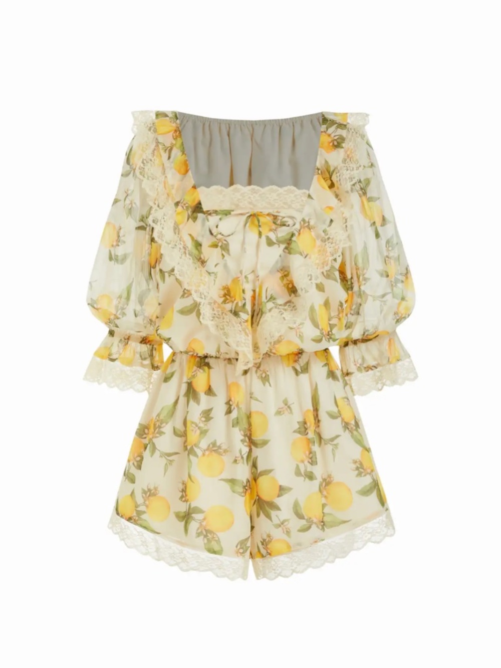 NWT Cider Lemon CHIFFON SQUARE NECK LANTERN SLEEVE LACE ROMPER CottageCore - Picture 3 of 10